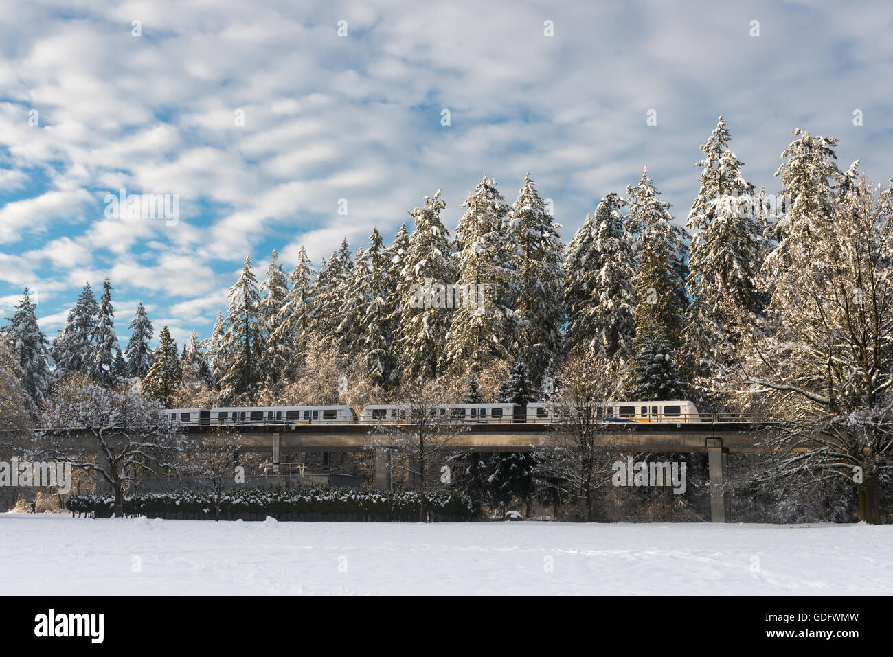 Burnaby - February 25, 2014 - Metro Vancouver’s Skytrain moving along during a cold winter morning in Burnaby, British Columbia, Stock Photo