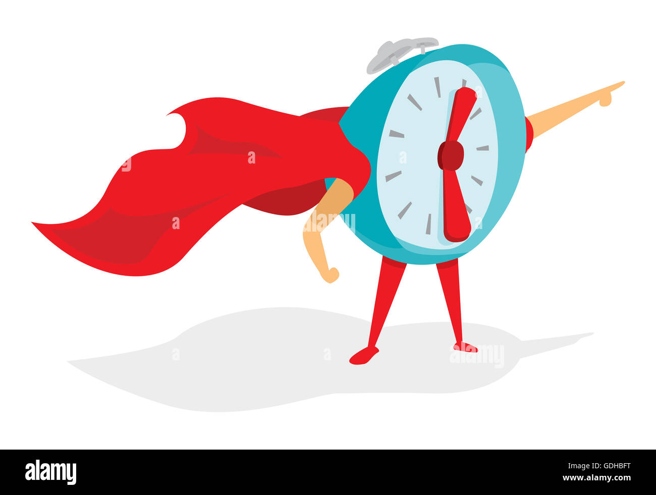 Cartoon illustration of time super hero or alarm clock with cape Stock Photo