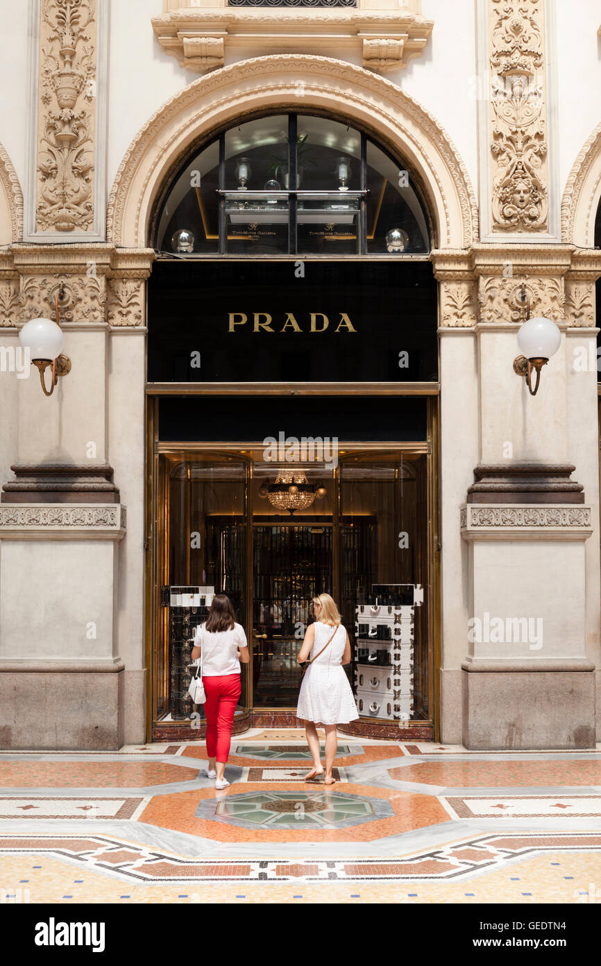 The Prada fashion store in the Galleria Vittorio Emanuele II, Milan, Italy. The first store in the history of the luxury brand. Stock Photo