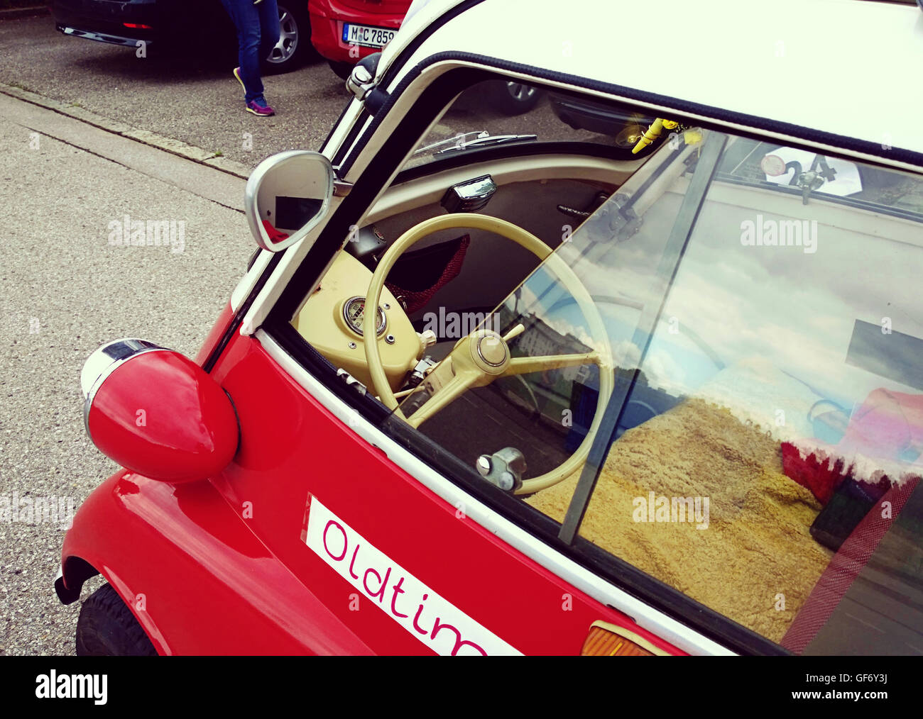 A look at the dashboard of a vintage BMW Isetta 300 at the traditional parade in Garching, Germany Stock Photo