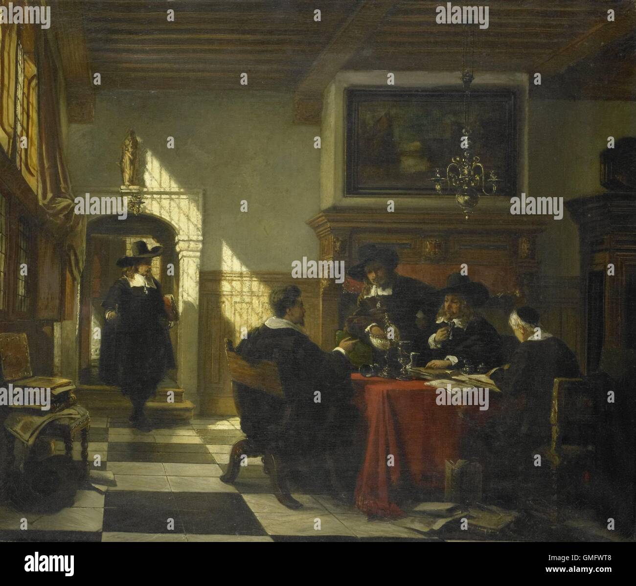 Company in 17th Garb at a Table with a Nautilus Cup, by Johannes Stroebel, 1873, Dutch painting, oil on canvas. A clerk writes in a book on the table are a nautilus goblet and two other cups. Left a man enters the room, joining the other at the table. (BSLOC 2016 1 77) Stock Photo