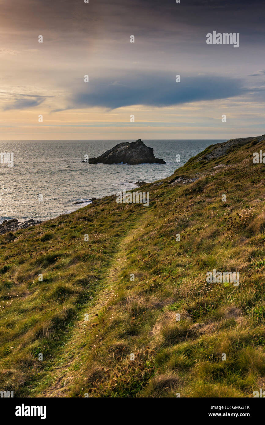 The Goose, a small rocky island off the coast of East Pentire in Newquay, Cornwall. Stock Photo