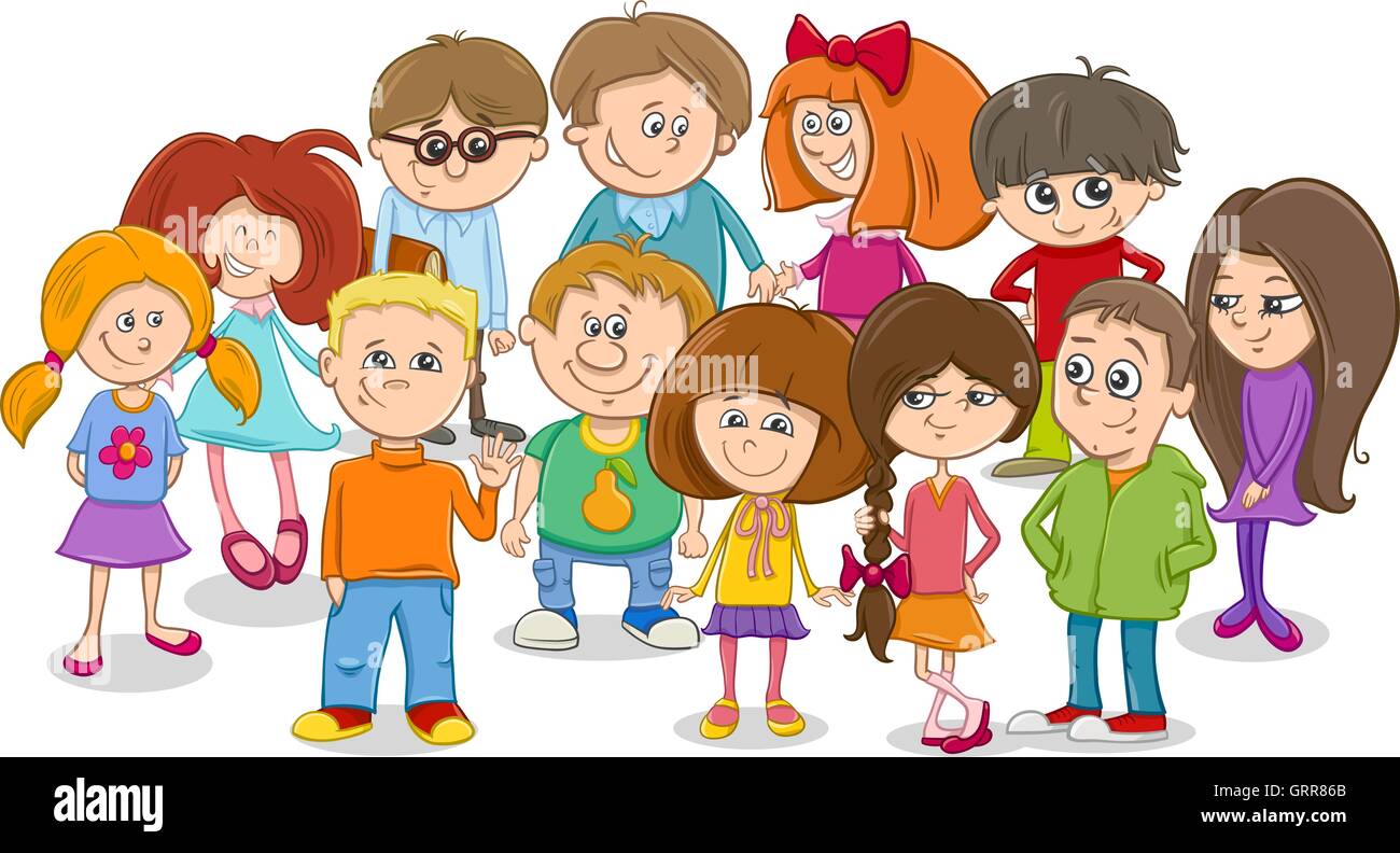 Cartoon Illustration of Elementary School Age Children Characters Group ...