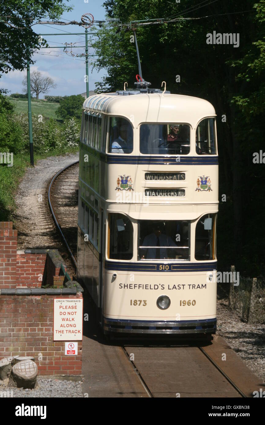 Tram 510 ('Sheffield's Last Tram') coming down the track through countryside at Crich Tramway Village, Derbyshire. Stock Photo