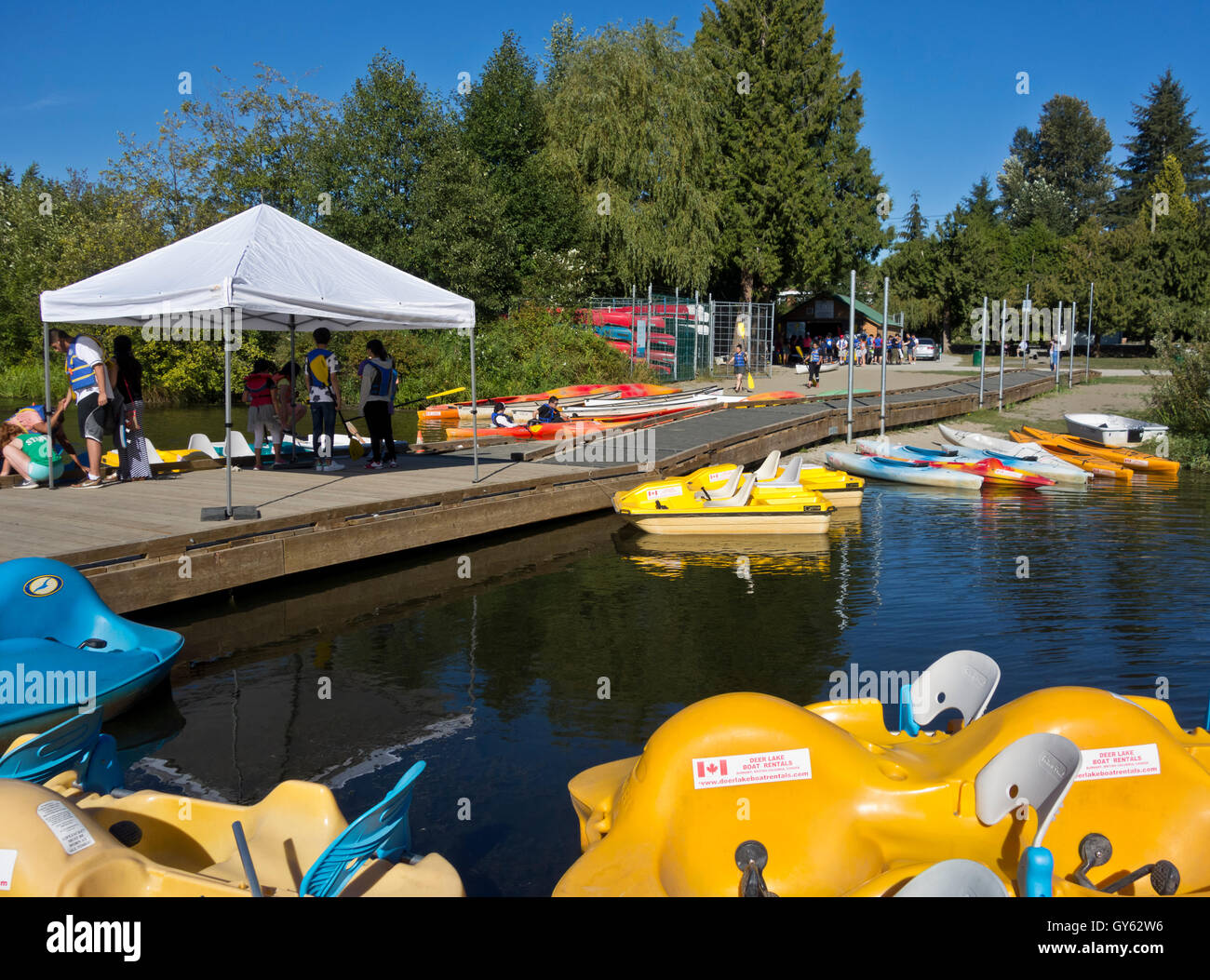 Peddle boat, canoe, and kayak rentals by Deer Lake Boat rentals on Deer Lake in Burnaby, British Columbia, Canada Stock Photo