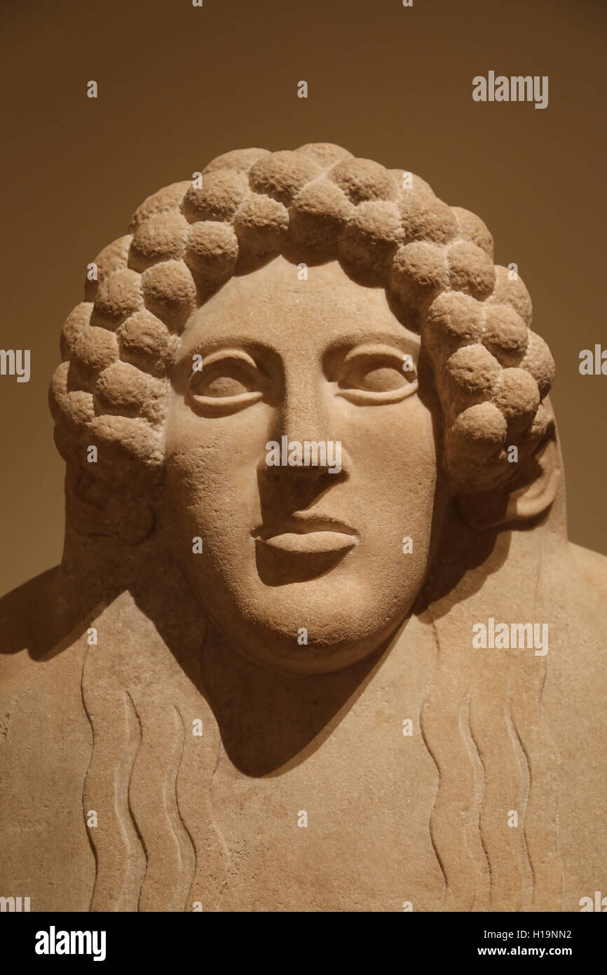 Marble anthropoid sarcophagus. Graeco-Phoenician, Classical. 5th century BC. Necropolis of Kition. Cyprus. Head of a woman. Stock Photo