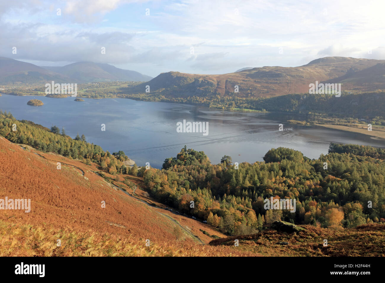 Derwent Water near Keswick, Cumbria, UK. 28th October, 2016. The sun was shining over Derwent Water today, as viewed from Cat Bells a popular climb in the Lake District near Keswick. Credit:  Julia Gavin UK/Alamy Live News Stock Photo