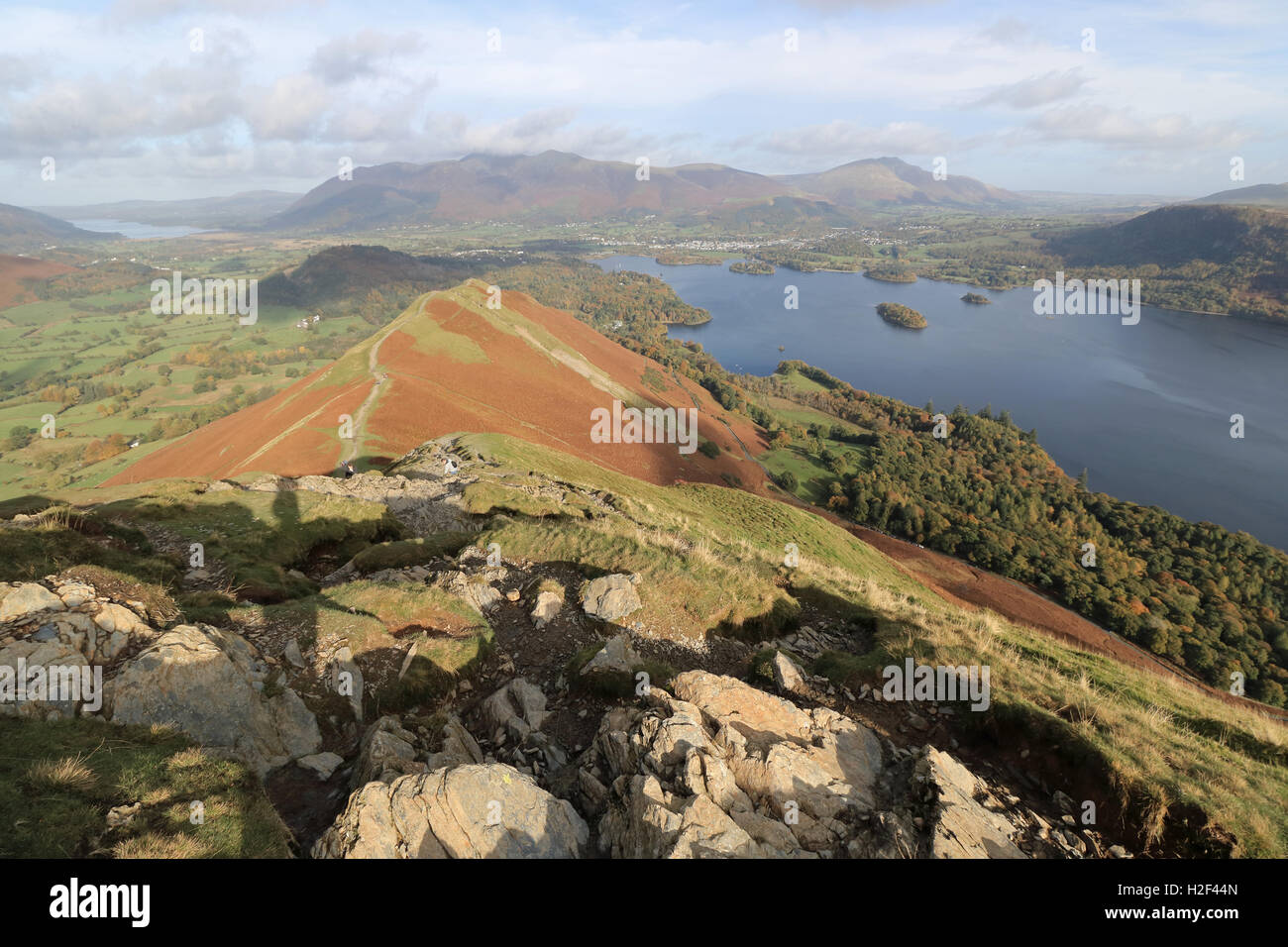 Derwent Water near Keswick, Cumbria, UK. 28th October, 2016. The sun was shining over Derwent Water today, as viewed from Cat Bells a popular climb in the Lake District near Keswick. Credit:  Julia Gavin UK/Alamy Live News Stock Photo