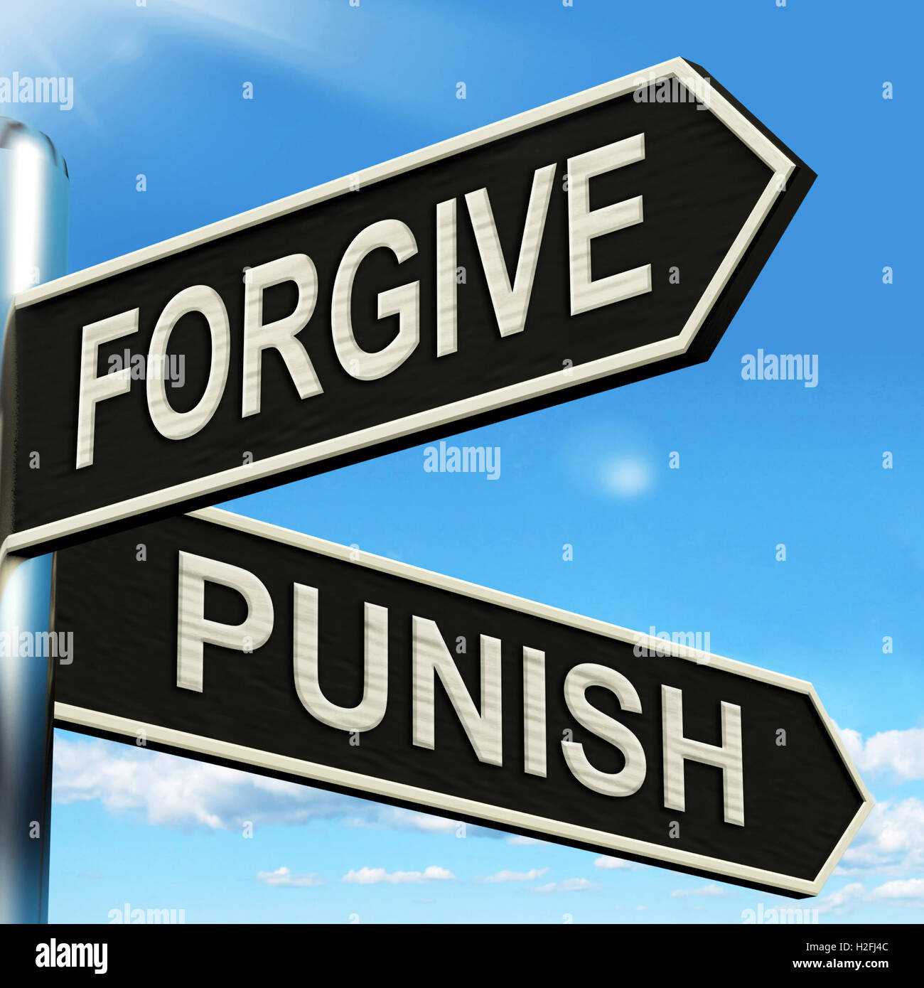 Forgive Punish Signpost Means Forgiveness Or Punishment Stock Photo