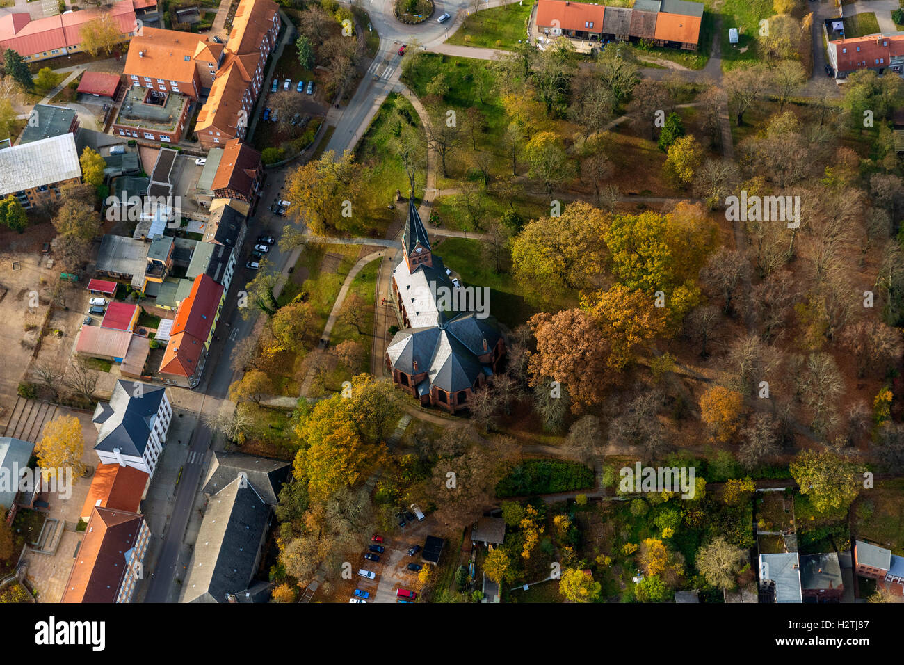 Aerial view, Malchow, town church, Müritz Lake District, Mecklenburg-Vorpommern, Germany, Europe aerial view birds-eyes view Stock Photo