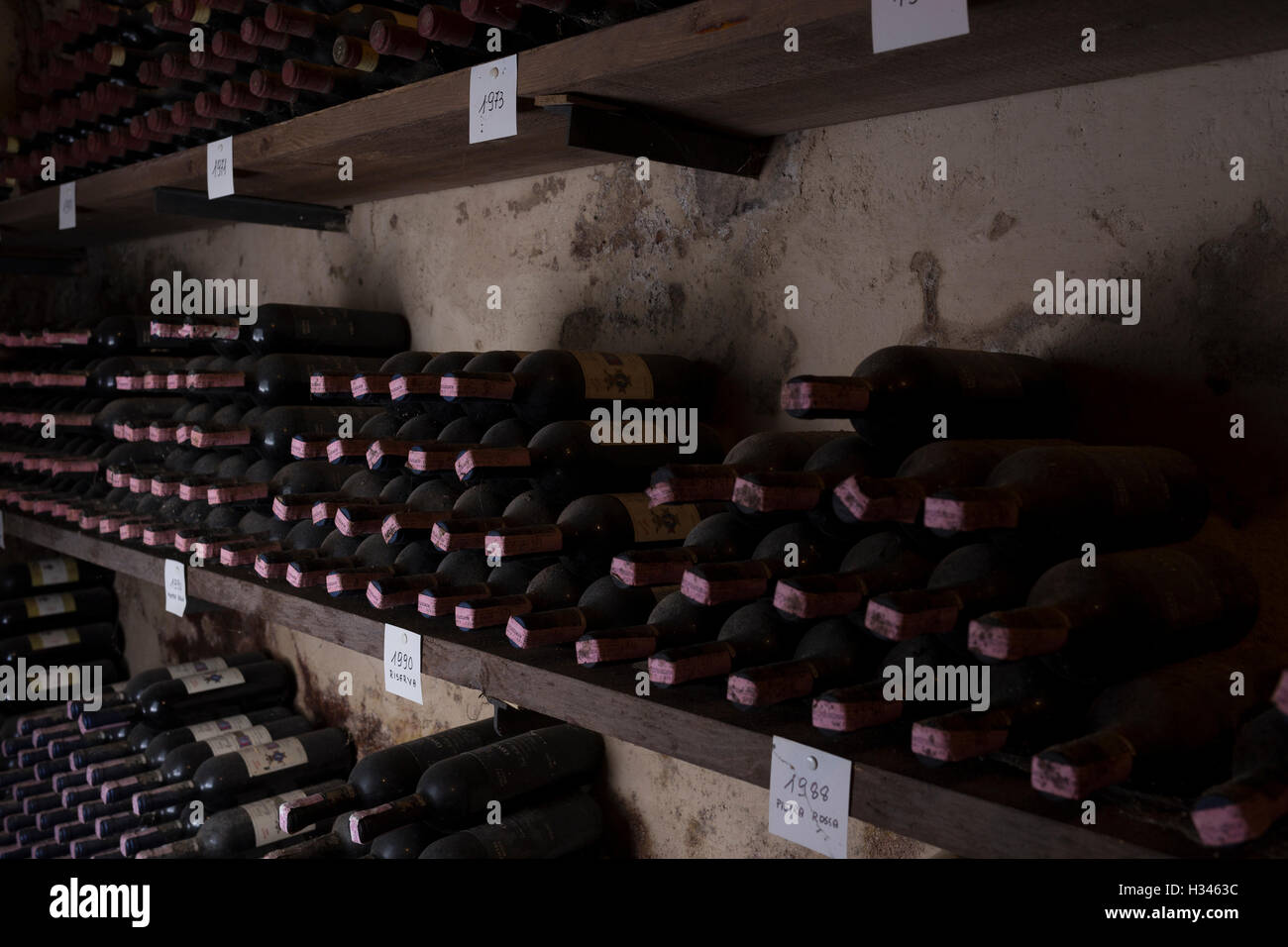 Vintage bottle of Vino Nobile, in a cellar in Tuscany Stock Photo