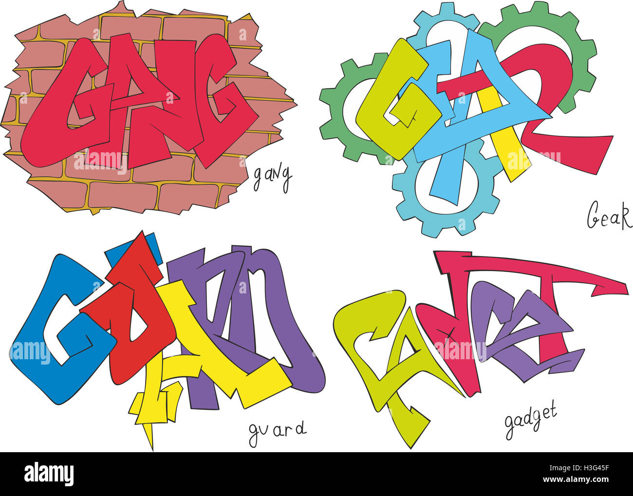 Set of four graffiti sketches - gang, gear, guard and gadget Stock Photo