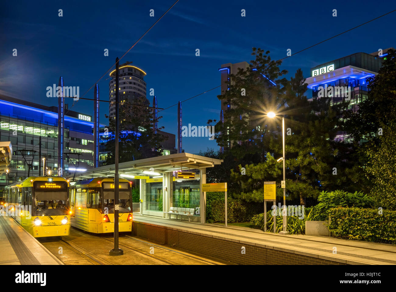 Manchester Trams at MediacityUK Tram Station, MediacityUK, Salford Quays, Manchester, England, UK Stock Photo