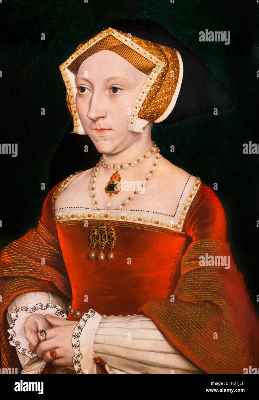 Jane Seymour (1508-1537), third wife of King Henry VIII of England, by Workshop of Hans Holbein the Younger, c.1540. On display in the Mauritshuis, The Hague, Netherlands. Stock Photo