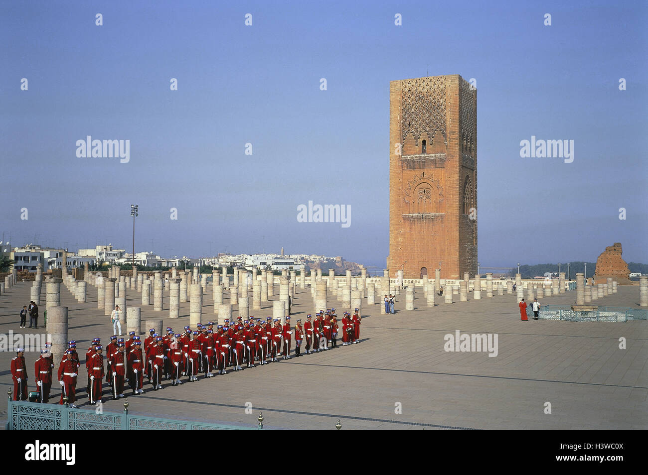 Morocco, Rabat, Sale, mosque, rests, pillars, Hassanturm, soldiers, save, tower, 44 m, guard, Guardsman, Hasan mosque, capital Stock Photo