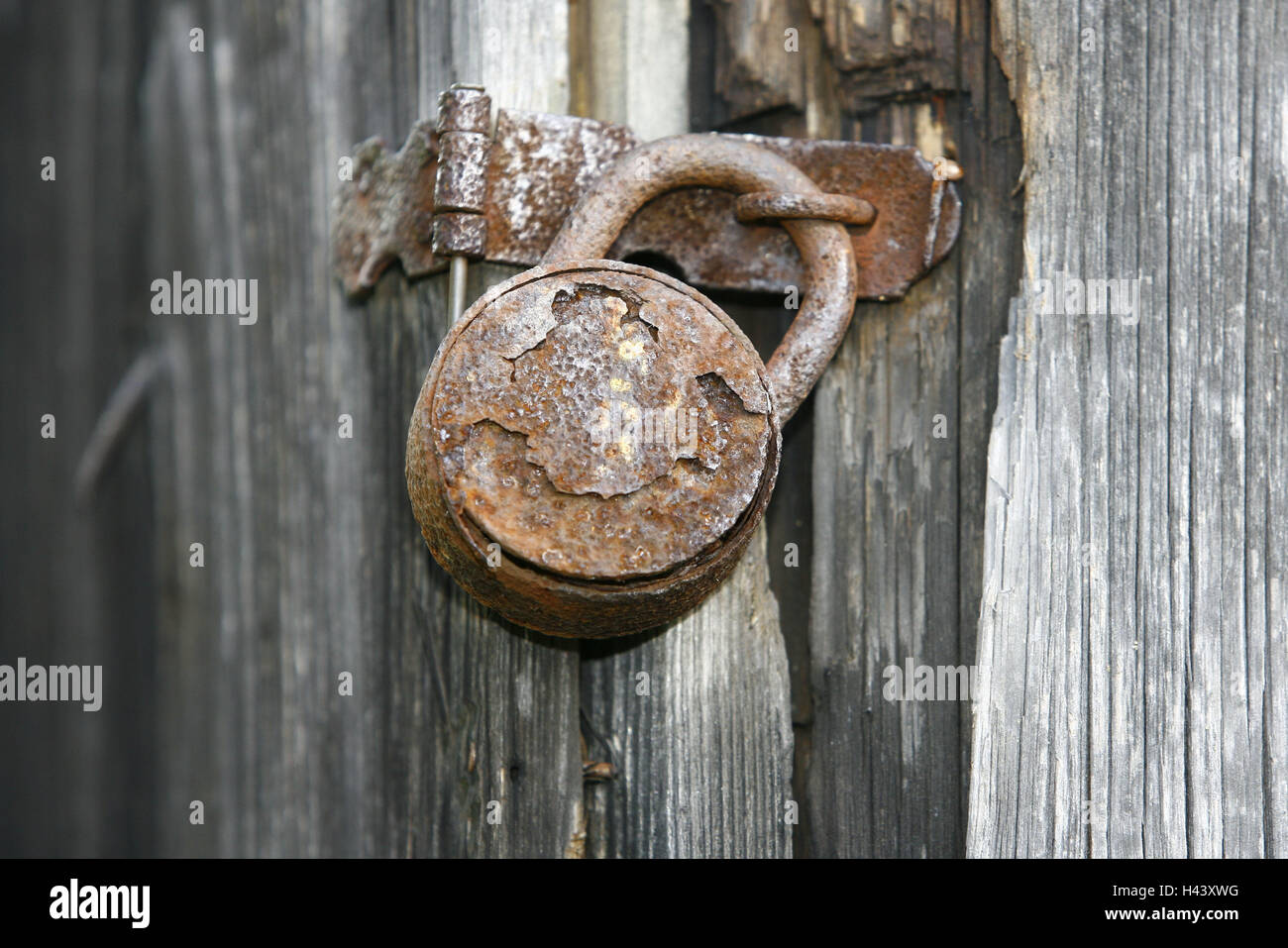 wooden door, padlock, rusty, door, wooden door, latch, to, closely, barred, rust, weather-beaten, old, exited, dilapidatedly, neglectedly, anti-theft device, security, door fitting, hinge, Stock Photo