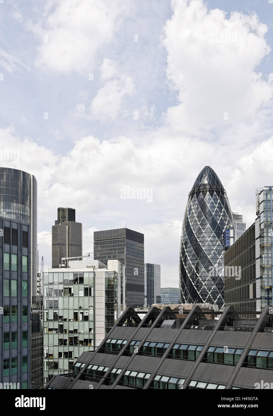 Swiss Re Tower by architect Sir Norman Foster, 30 St Mary Axe, City of London, England, UK, Stock Photo