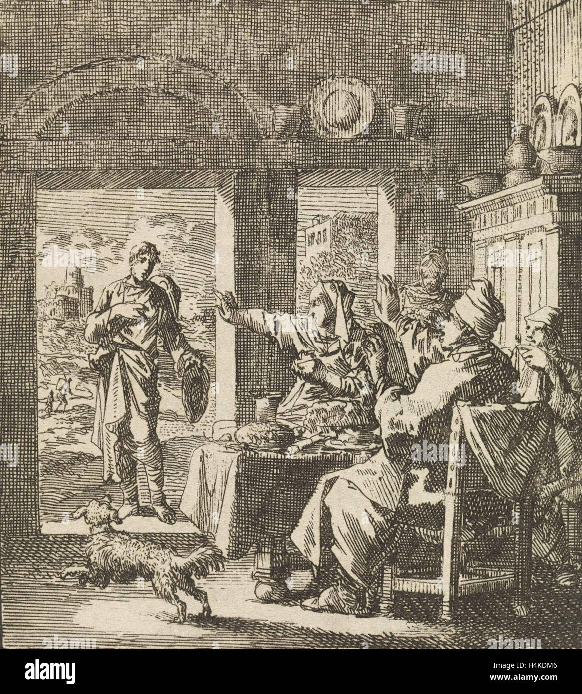 Family makes dismissive gestures to a poor man who asks for help, Jan Luyken, wed. Pieter Arentsz, Cornelis van der Sys II, 1711 Stock Photo