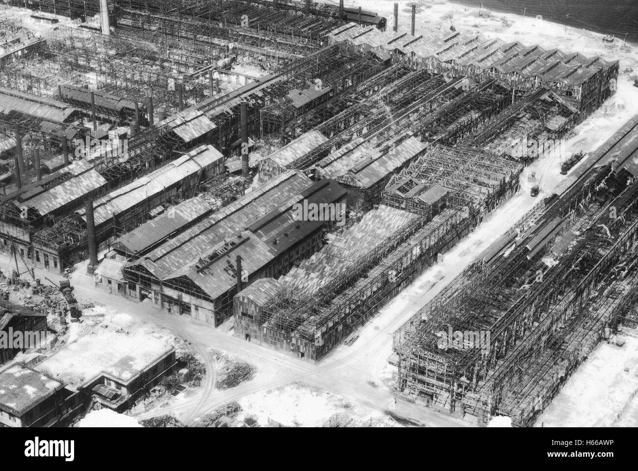 Ruins of dockyards at Kure, near Hiroshima, Japan, 4 years after end of WW2 Stock Photo