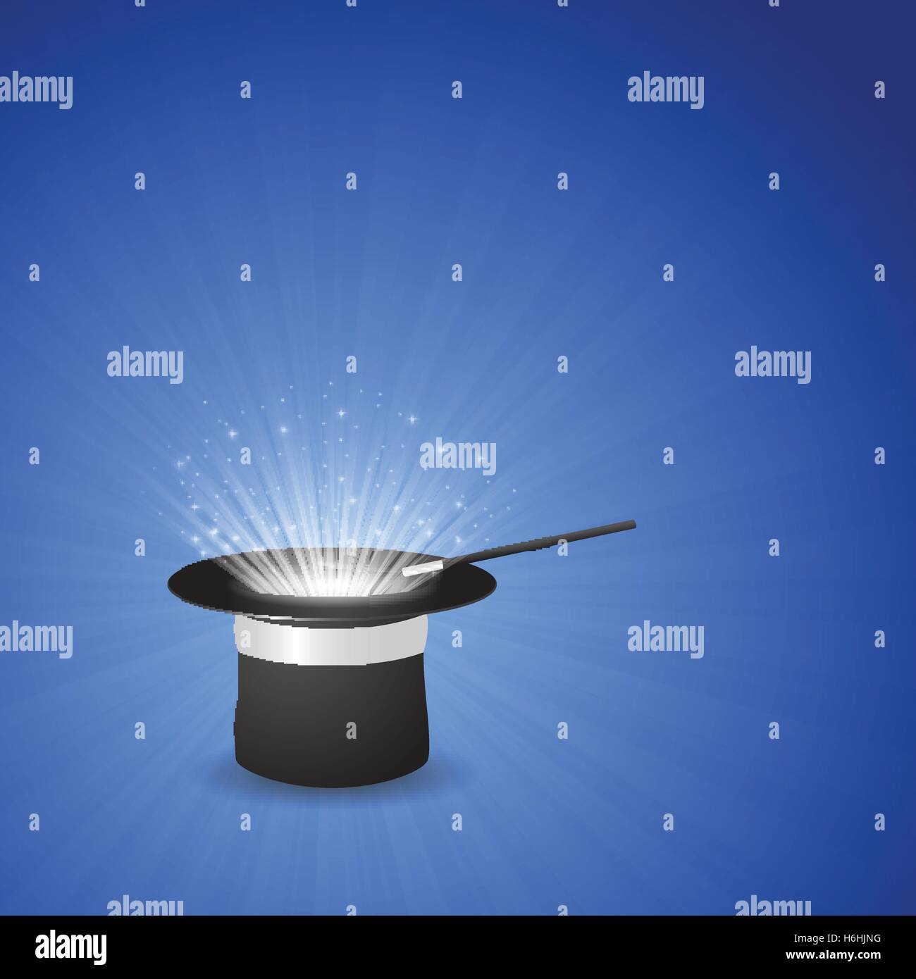 Magic hat with rays, star dust, center glow and magic wand on blue background. Stock Vector