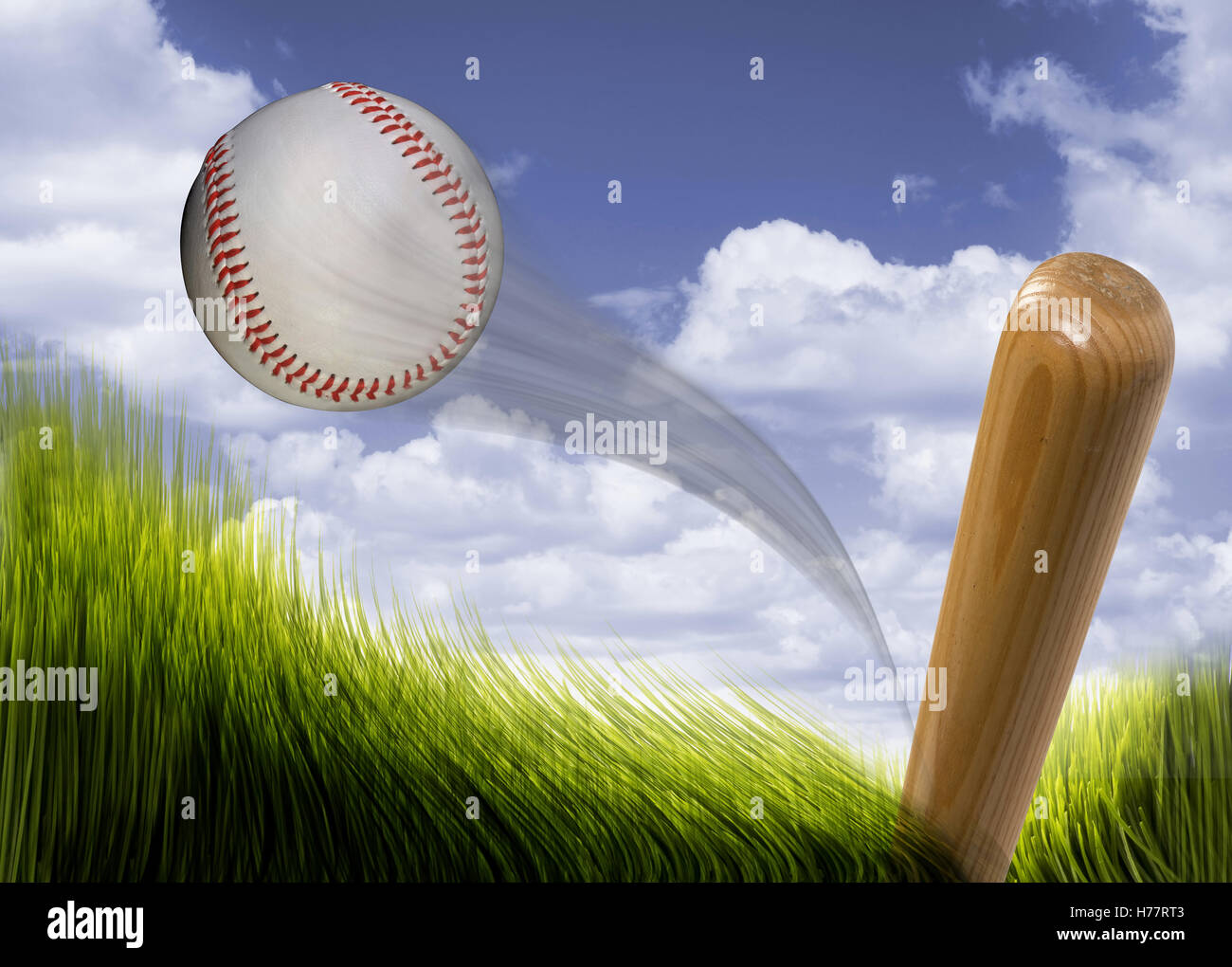 Baseball bat hitting fast hardball. Stock Photo