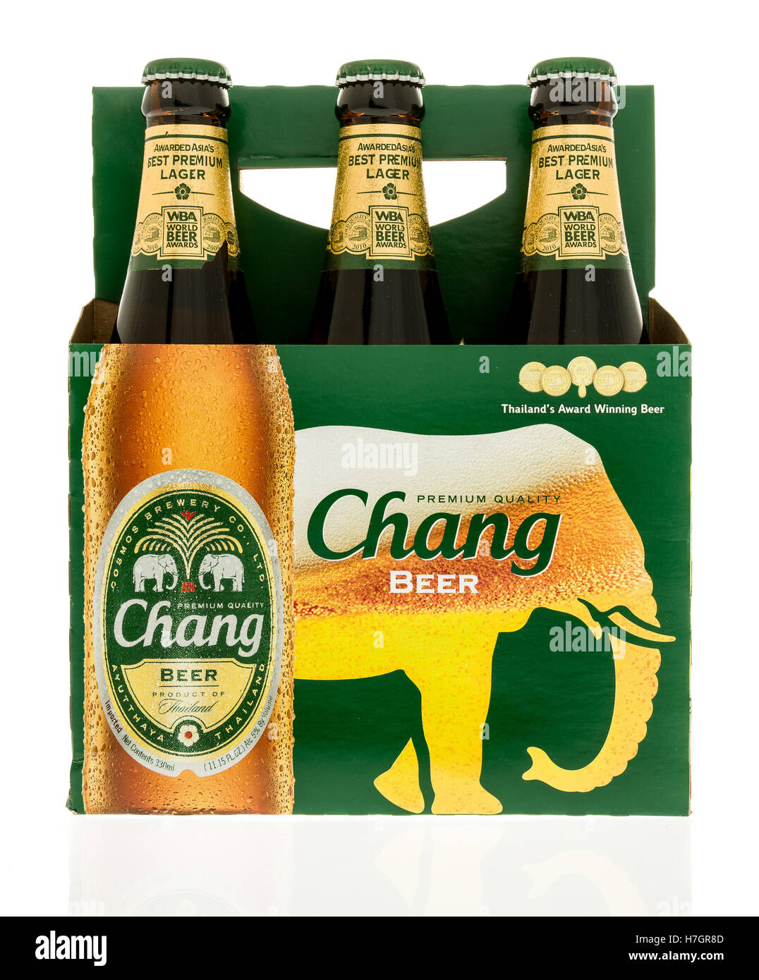 Winneconne, WI - 3 November 2016:  Six pack of Chang beer on an isolated background. Stock Photo