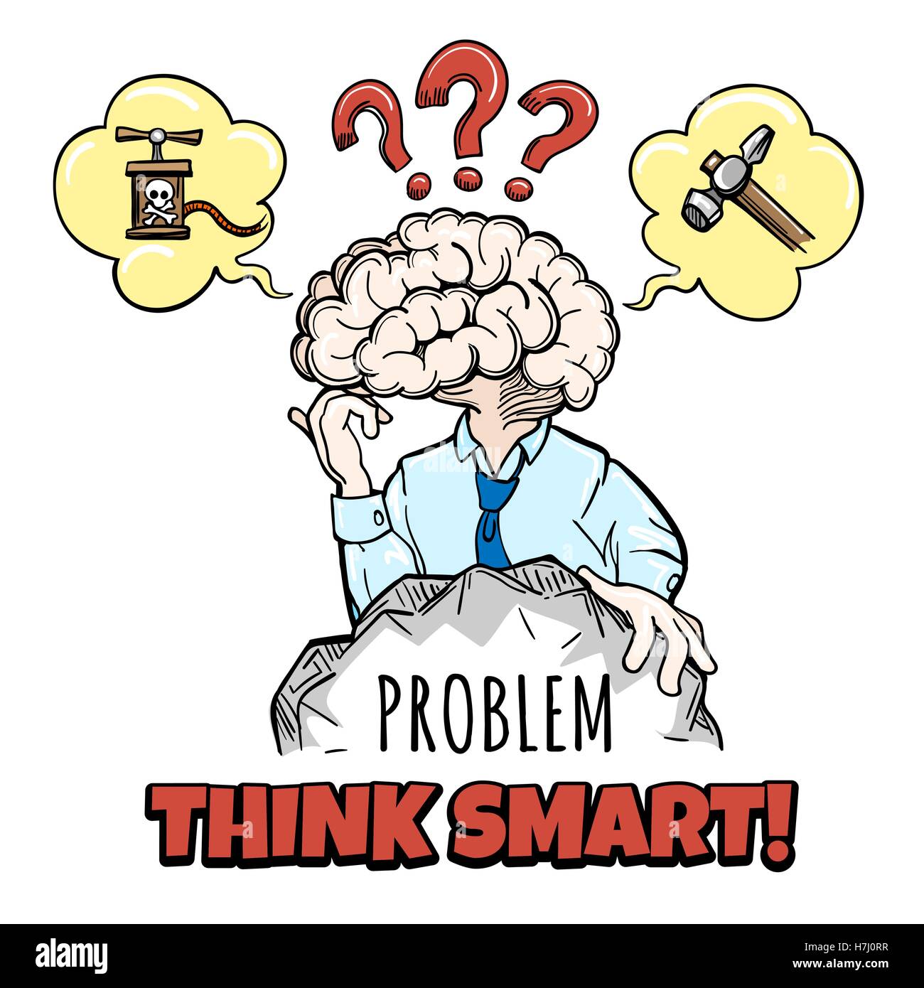 Human brain in thinking process tries to solve a complex problem and motivation inscription Think Smart. Vector illustration in Stock Vector