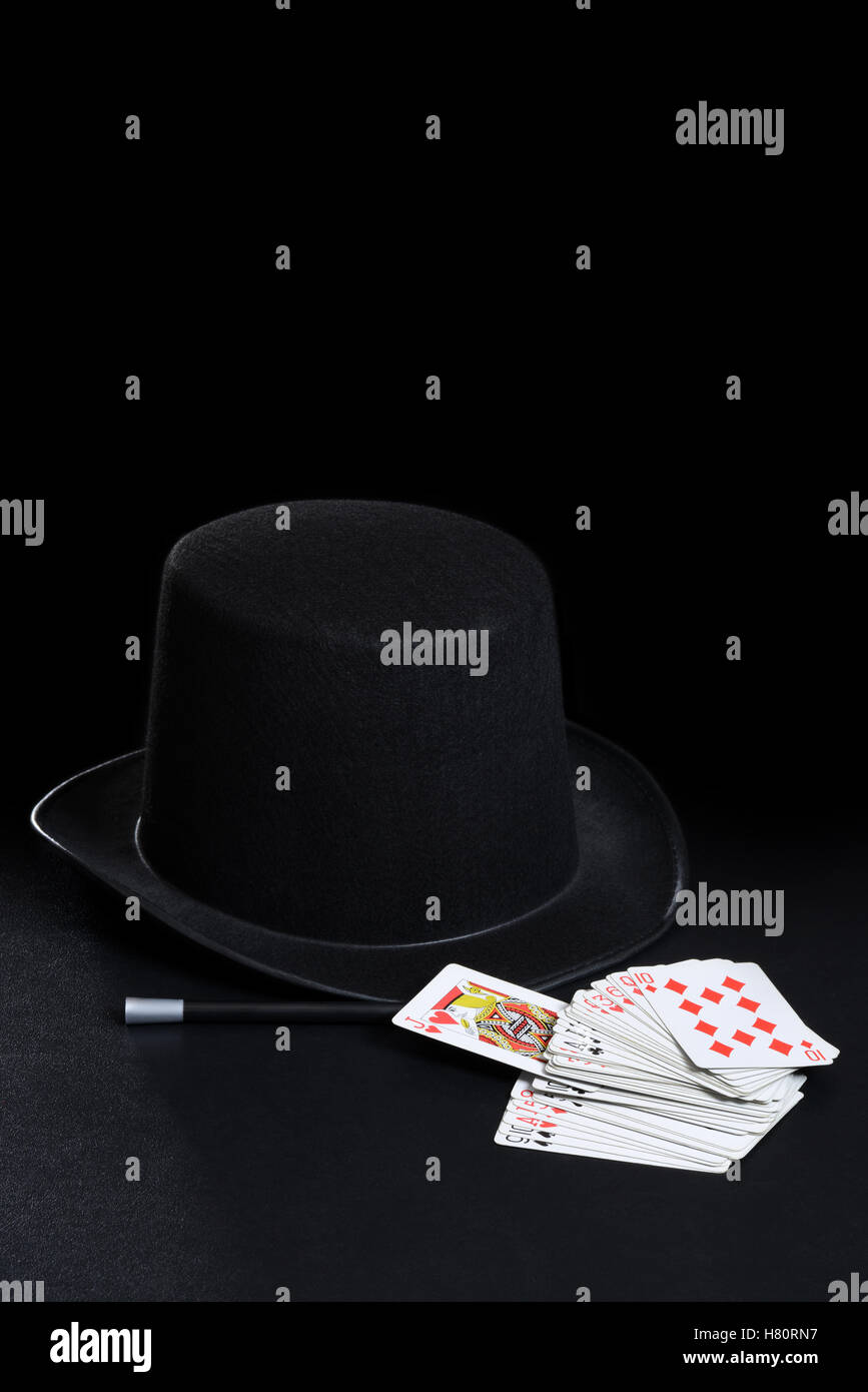 magician hat wand and cards Stock Photo