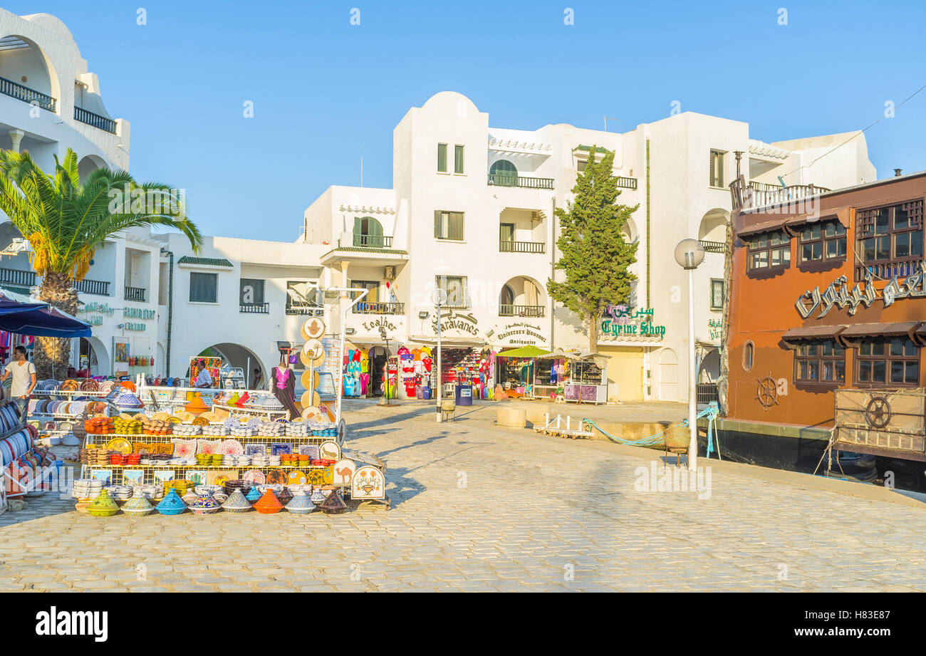 Marina is popular for its souvenir stalls with wide range of the local goods, Al Kantaoui Stock Photo