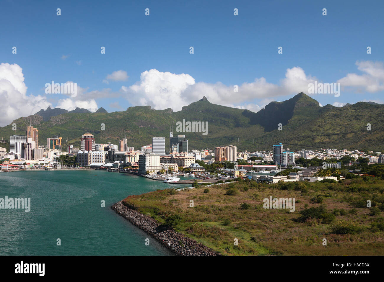 City between sea and mountains. Port Louis, Mauritius Stock Photo