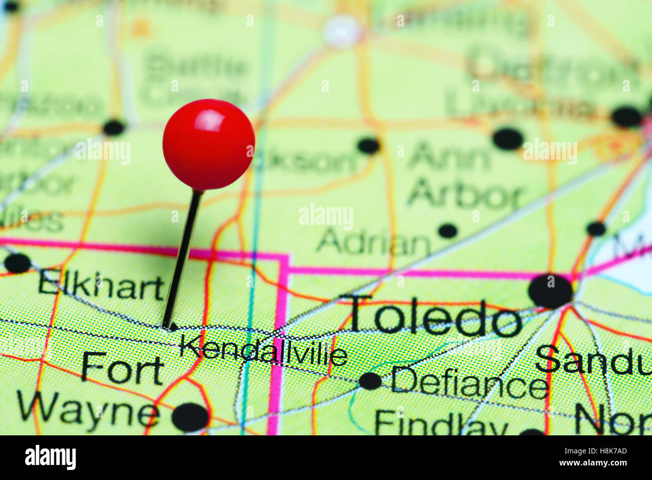 Kendallville pinned on a map of Indiana, USA Stock Photo