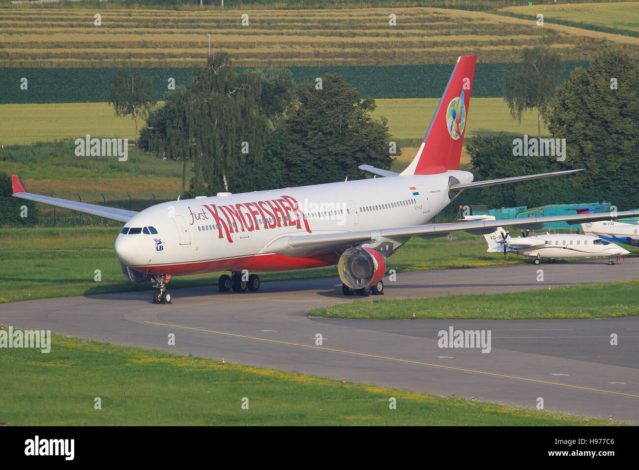 Zurich/Switzerland August 10, 2013: Airbus 330 from Kingfisher landing at ZÃ¼rich Airport. Stock Photo