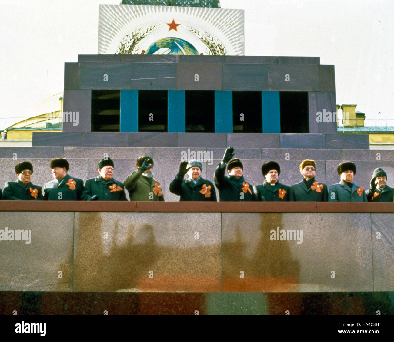 Nov. 07, 1987 - Moscow, Central Federal District, Russia - FIDEL CASTRO, President of Cuba and First Secretary of the Cuban Communist Party, gestures as he talks to ANDREI GROMYKO, Minister of Foreign Affairs of the USSR, to Gromykos left is MIKHAIL GORBACHEV, General Secretary of the Communist Party of the Soviet Union, NIKOLAI RYZHKOV, Chairman of the Council of Ministers of the USSR and WOJCIECH JARUSELSKI, Prime Minister of Poland and First Secretary of the Central Committee of the Polish United Workers Party. To Castro's right is VIKTOR CHEBRIKOV, Head of the KGB. (Others are unidentified Stock Photo