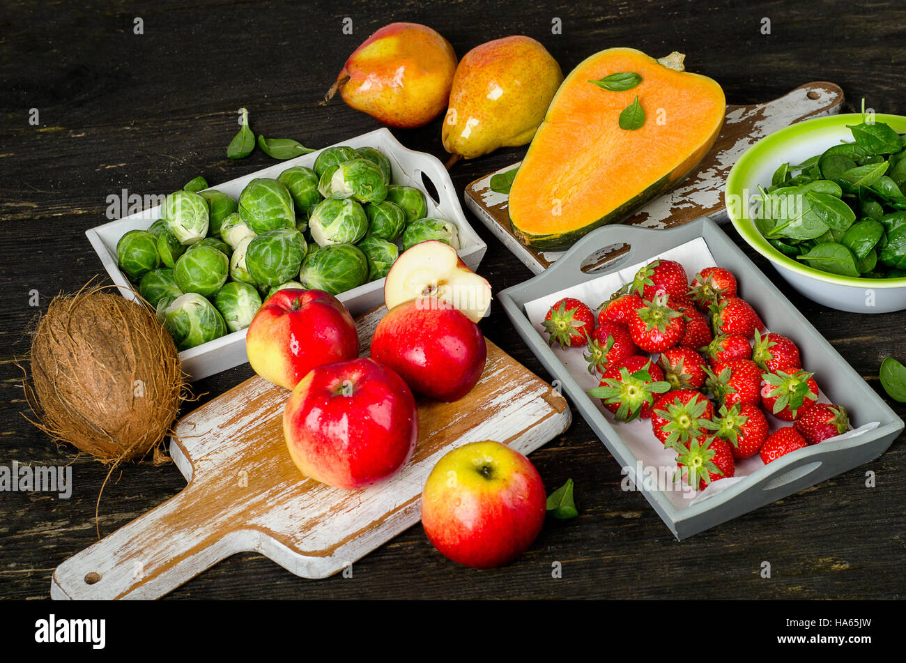 High Fiber Foods on a wooden table. Stock Photo