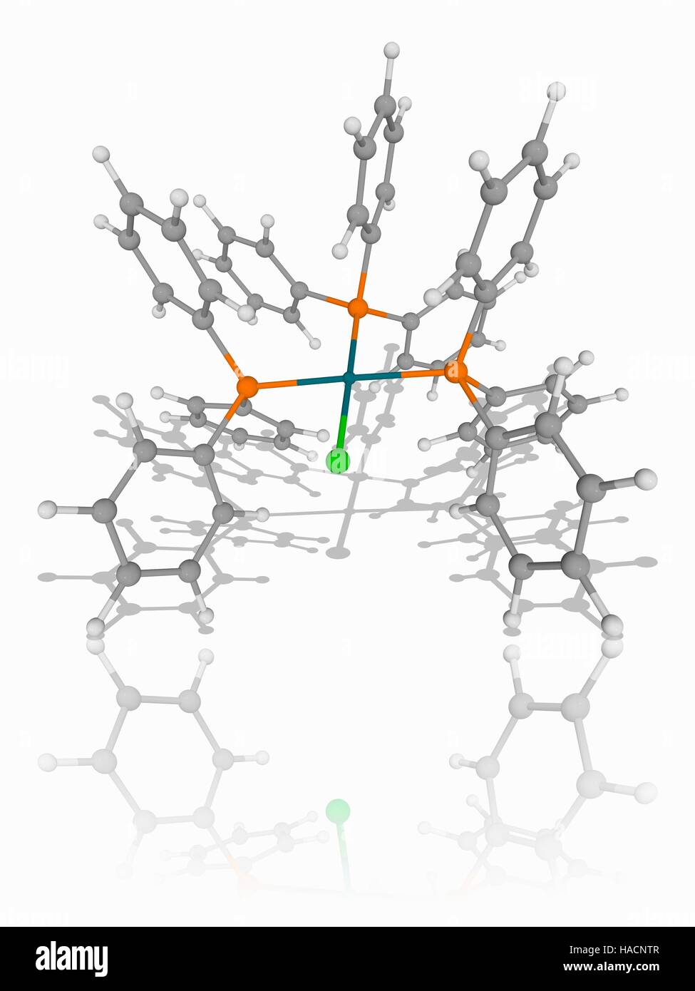 Wilkinson's catalyst. Molecular model of the metal complex and co-ordination compound Wilkinson's catalyst (C54.H45.Cl.P3.Rh), used for catalyzing the hydrogenation of alkenes. It is named for chemist and Nobel laureate Sir Geoffrey Wilkinson. Atoms are represented as spheres and are colour-coded: rhodium (dark green), phosphorus (orange), chlorine (green), carbon (grey), and hydrogen (white). Illustration. Stock Photo