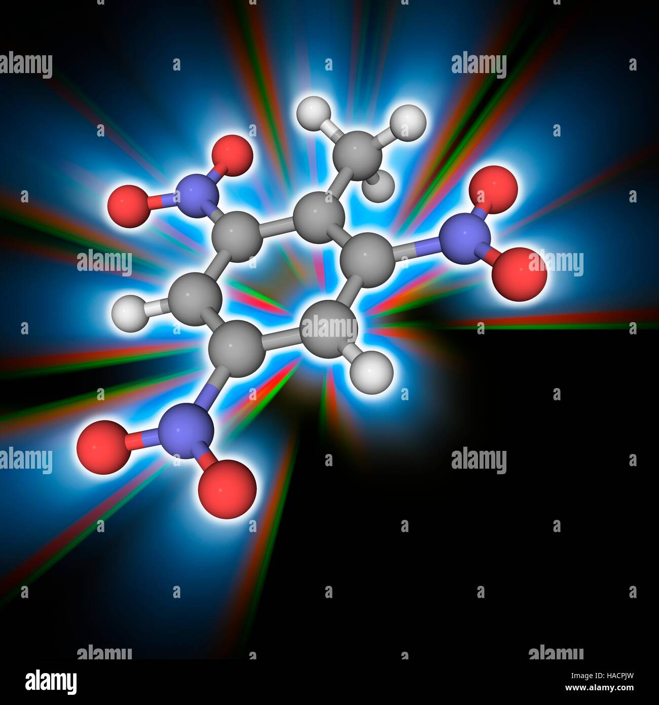 TNT. Molecular model of the organic compound and explosive trinitrotoluene (TNT, C7.H5.N3.O6). This is one of the most commonly used explosives. Atoms are represented as spheres and are colour-coded: carbon (grey), hydrogen (white), nitrogen (blue) and oxygen (red). Illustration. Stock Photo