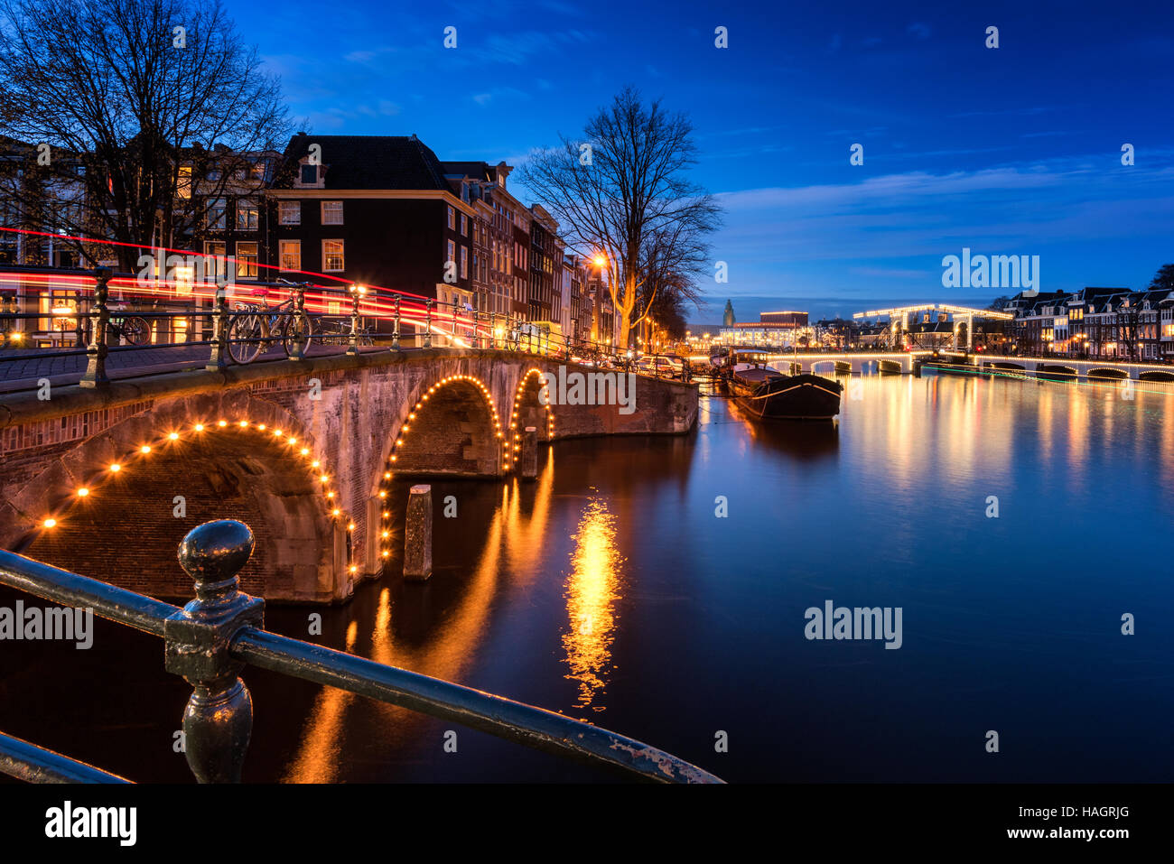 Amsterdam Canals and Bridges at Dusk Stock Photo