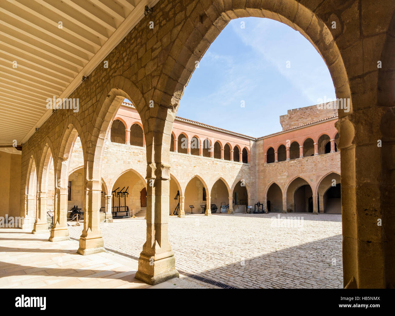 Porticoed interior of the Castle of Mora de Rubielos, Aragon, Spain Stock Photo