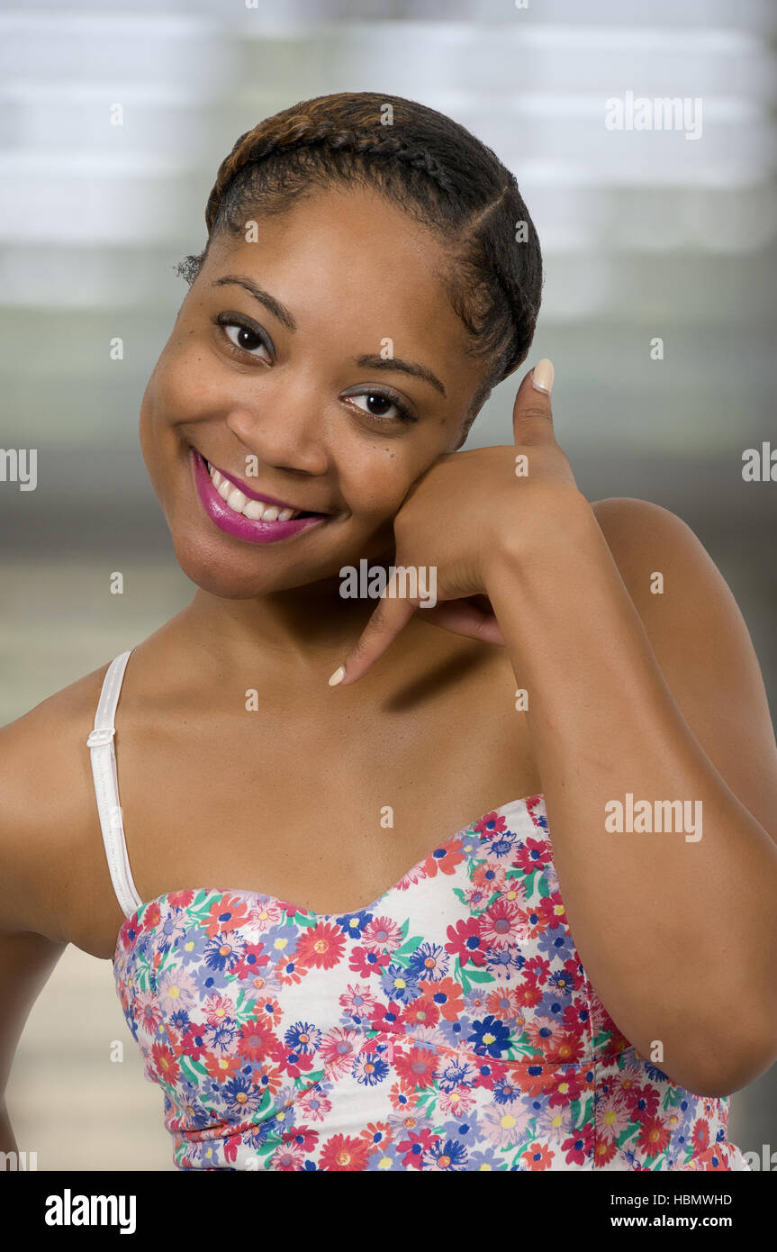 Woman Asking Someone to Call Her Stock Photo