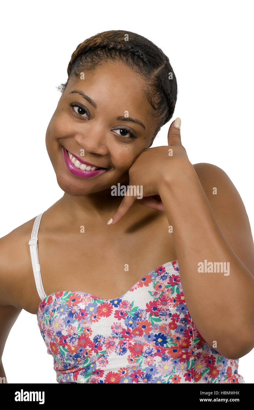 Woman Asking Someone to Call Her Stock Photo