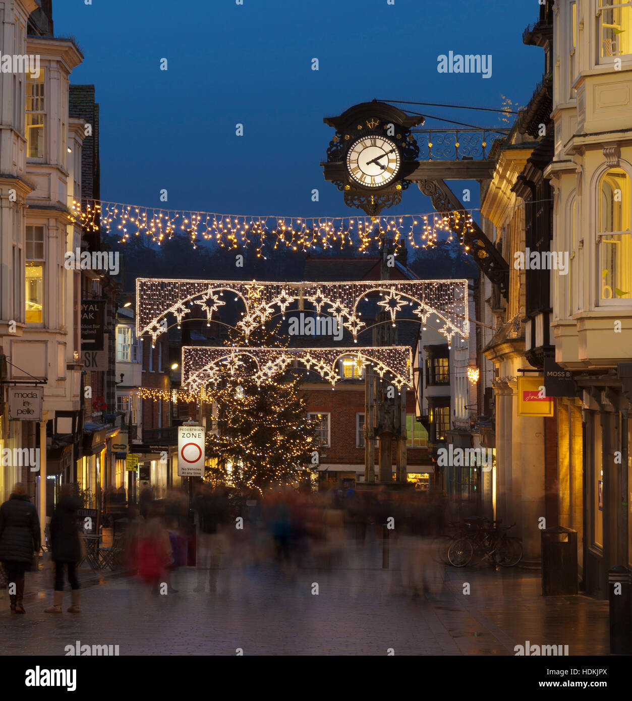 Winchester High Street Christmas lights. Stock Photo