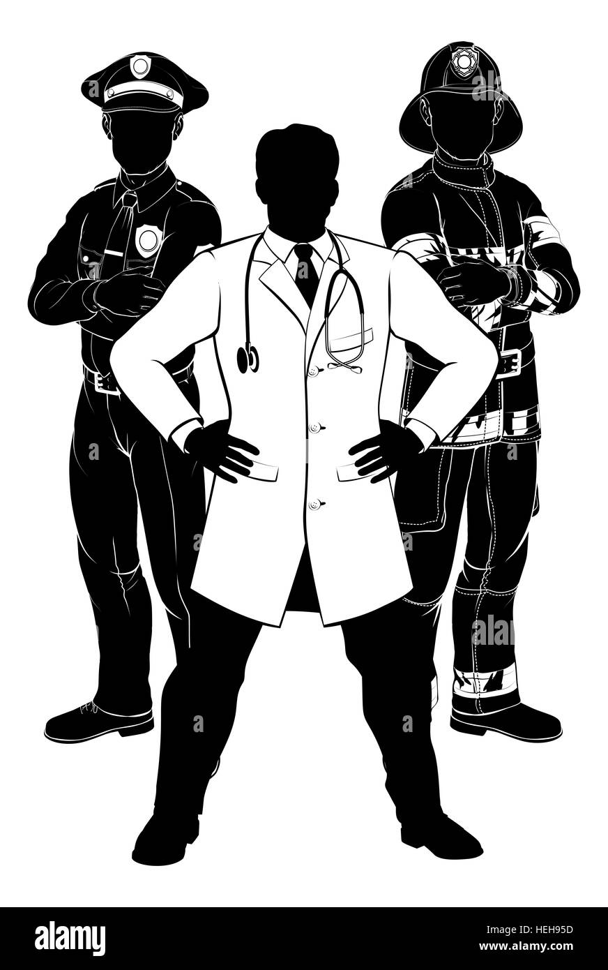 Silhouette police man, fireman and doctor emergency rescue services worker team silhouettes Stock Photo