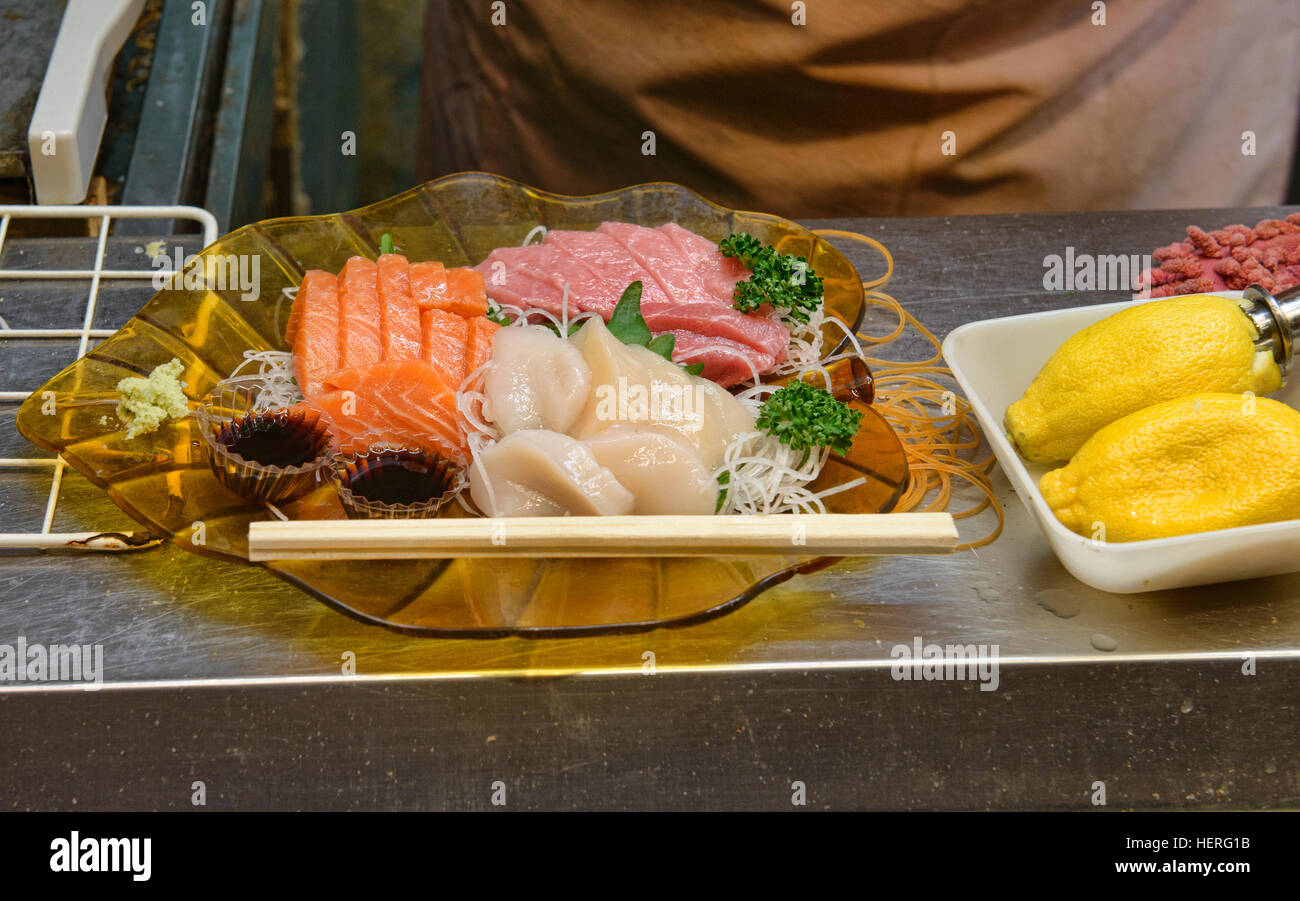 Fresh sashimi in Nishiki Market, Kyoto, Japan Stock Photo