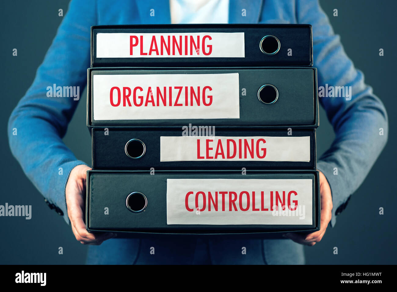 Four basic functions of management process in business organization - planning, organizing, leading and controlling. Stock Photo