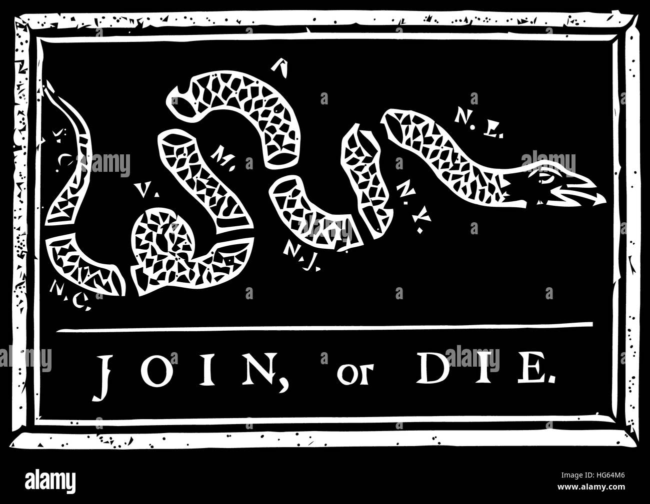 Join or Die political cartoon by Benjamin Franklin. Stock Photo