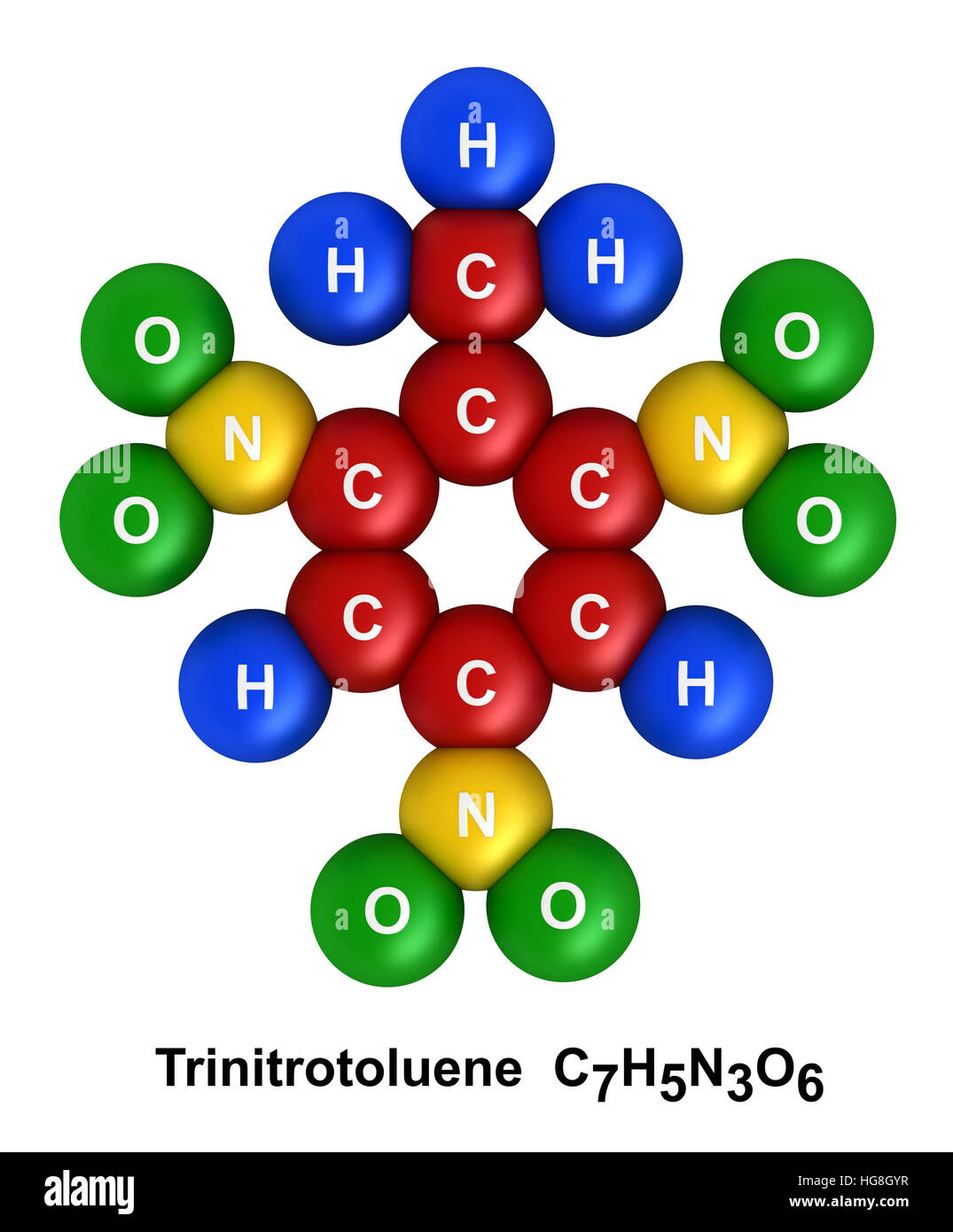 3d render of molecular structure of trinitrotoluene isolated over white background Stock Photo