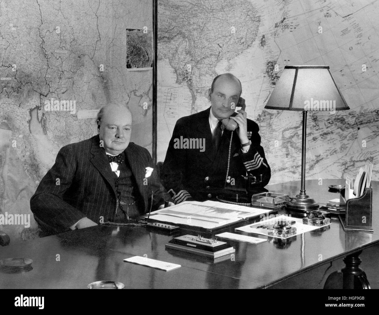 Winston Churchill and Captain RP Pim in the Map Room, Whitehall, London July 1945 Stock Photo