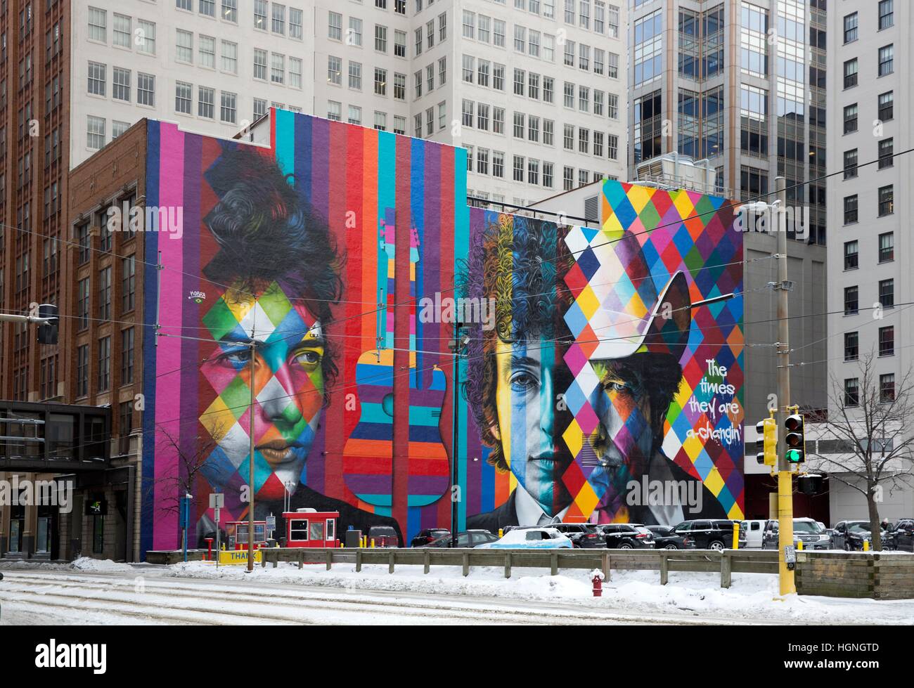 Mural of Bob Dylan by Brazilian artist Eduardo Kobra in downtown Minneapolis, Minnesota Stock Photo