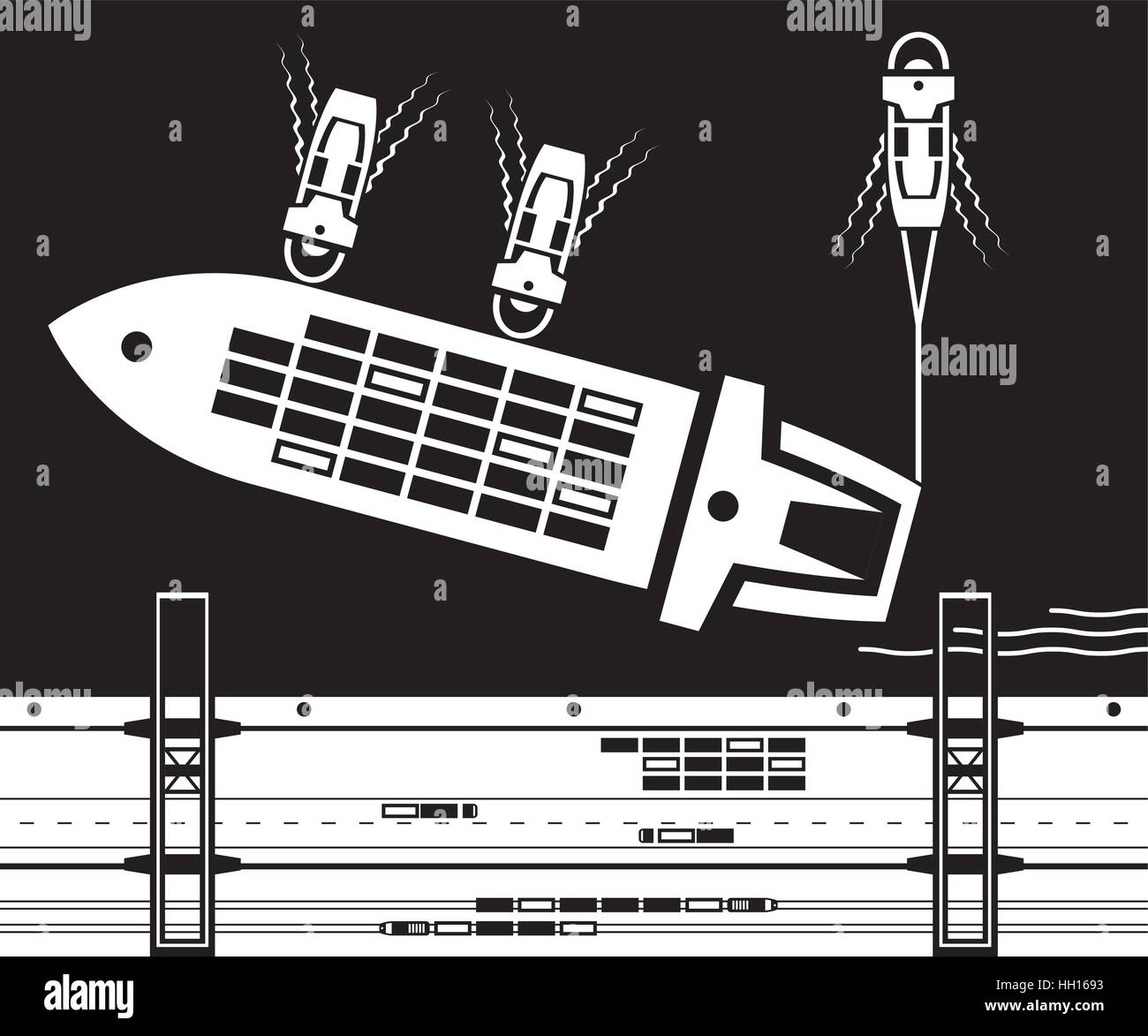 Tugboats towing cargo ship to dock - vector illustration Stock Vector