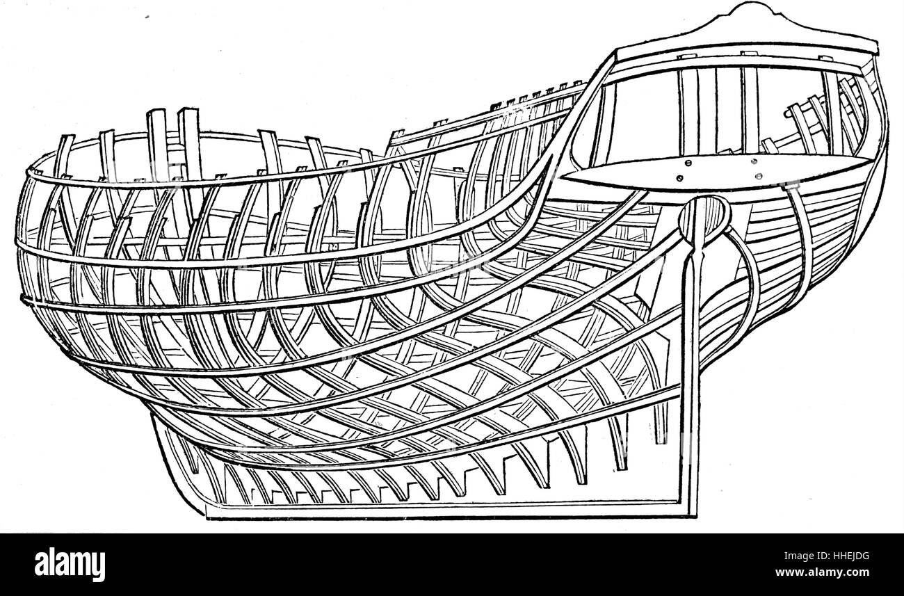 Illustration depicting the frame-work of a ship. Dated 19th Century Stock Photo